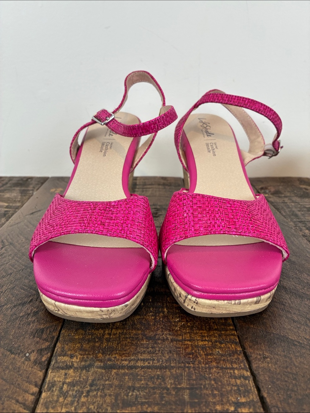 NWOT Life Stride 7.5 Pink Woven Wedge Sandals Ankle Strap Espadrille Barbiecore - Picture 2 of 9